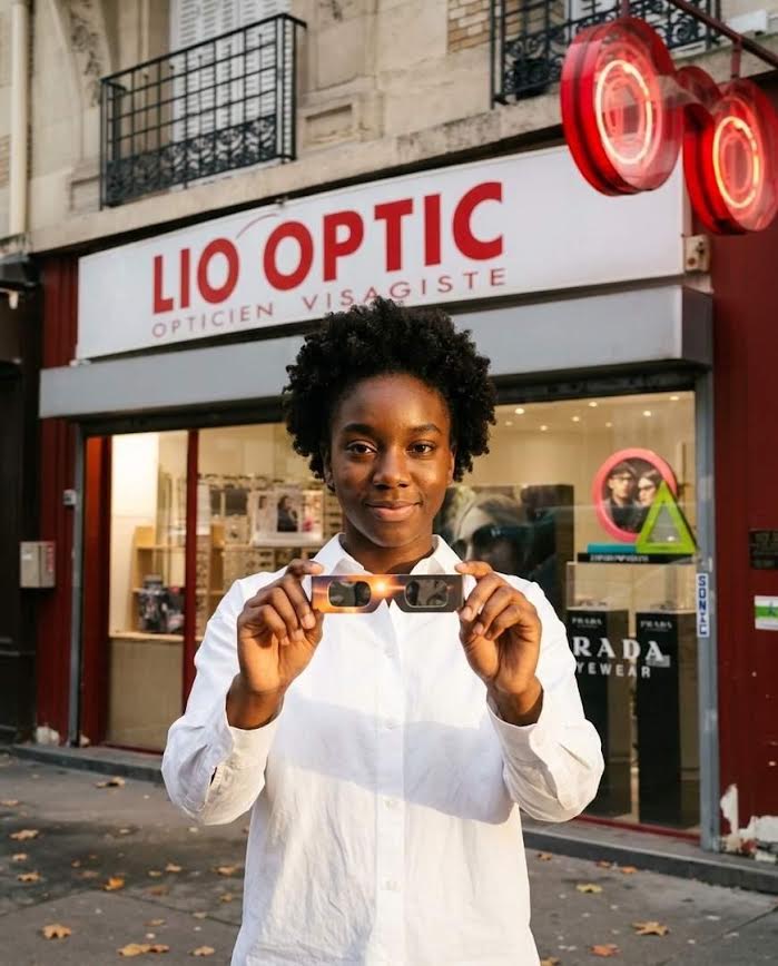 Devant la boutique LIO OPTIC, une cliente présente nos lunettes d'éclipse